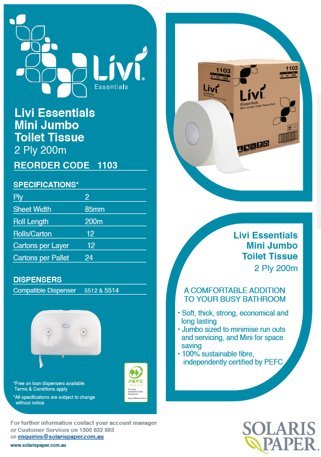 Livi Essentials Mini Jumbo Toilet Tissue 2 Ply 200m (1103)