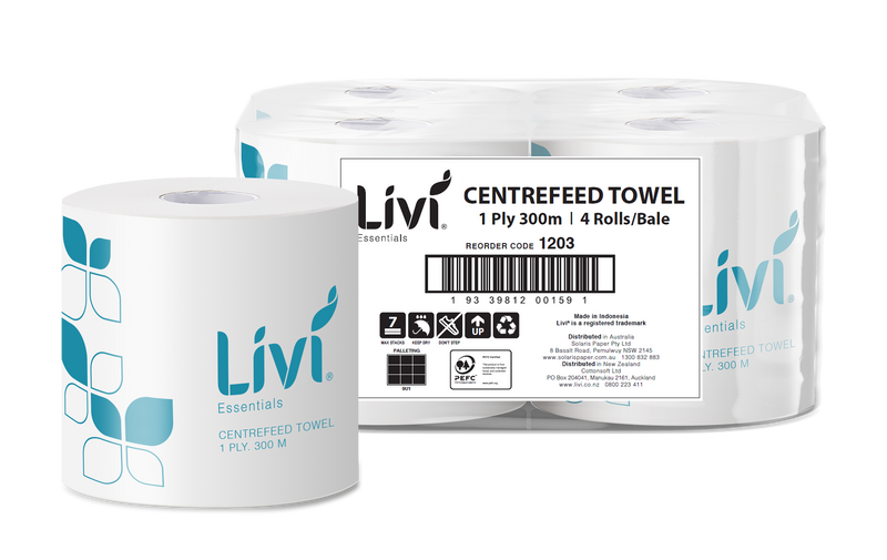 LIVI ESSENTIALS 1PLY CENTREFEED HAND TOWEL ROLL (CTN 4)