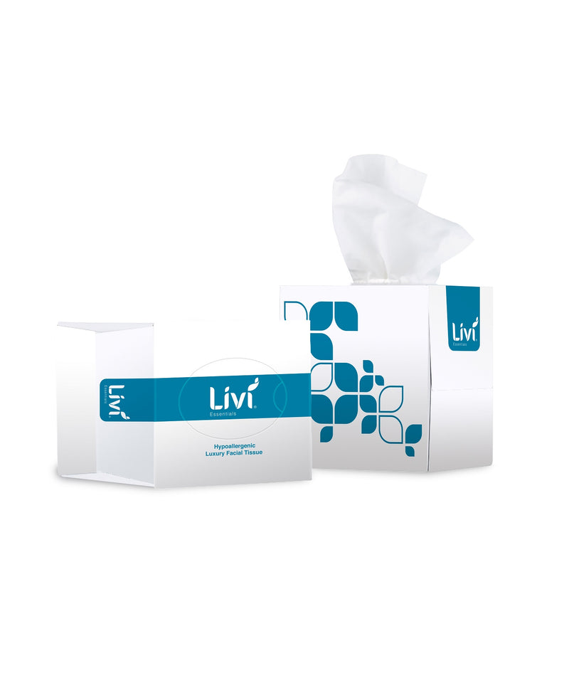 LIVI ESSENTIALS 2PLY HYPOALLERGENIC FACIAL TISSUES CUBE (CTN 24 - 90 SHEETS)