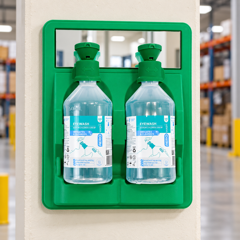 AEROWASH Eyewash Station with Mirror – 2 x 500mL Bottles