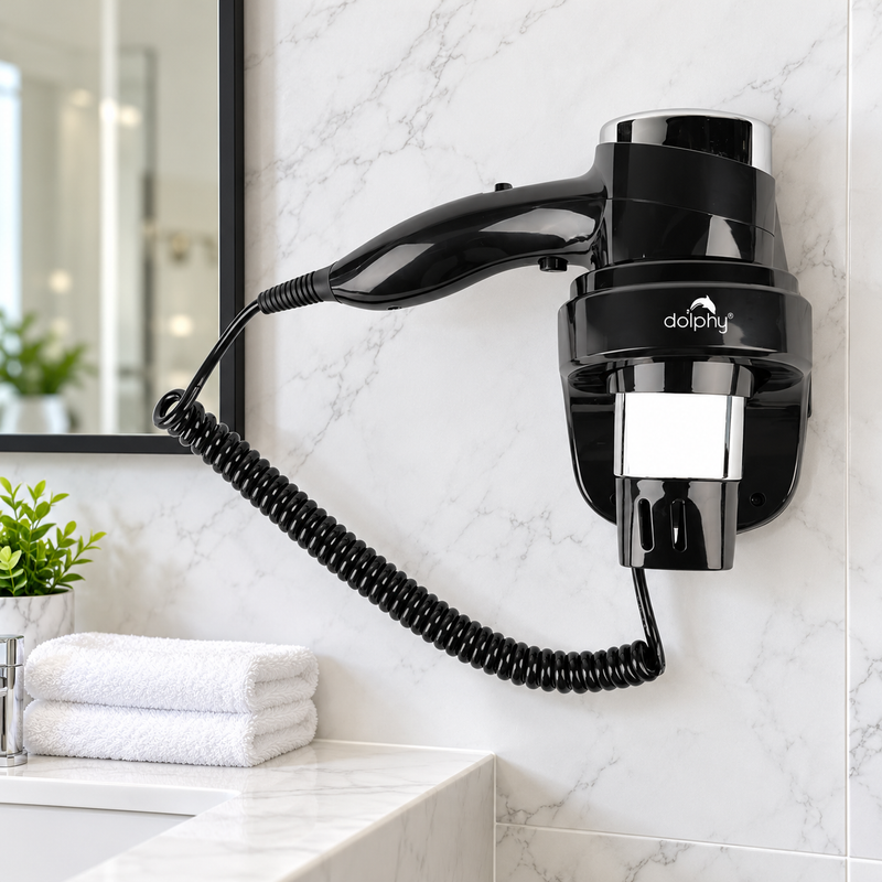Dolphy Black ABS 1600W Wall-Mounted Hair Dryer | Commercial Hotel Hair Dryer Australia