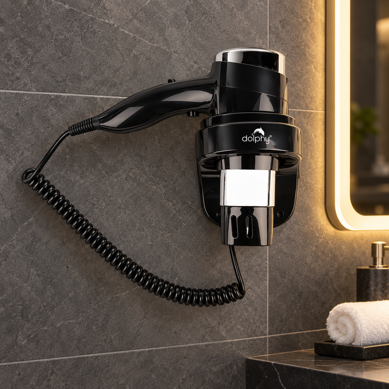 Dolphy Black ABS 1600W Wall-Mounted Hair Dryer | Commercial Hotel Hair Dryer Australia