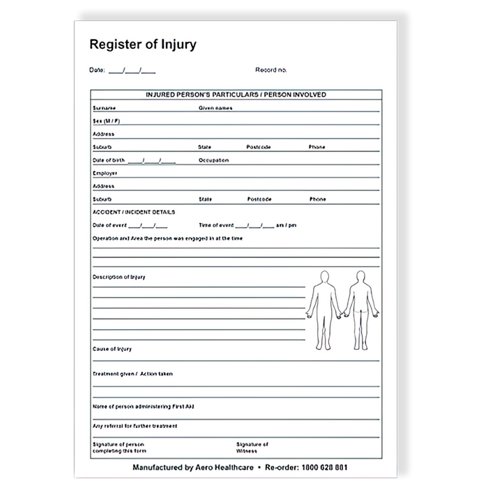 AEROSUPPLIES Register of Injuries Duplicate Pad (25 pages)
