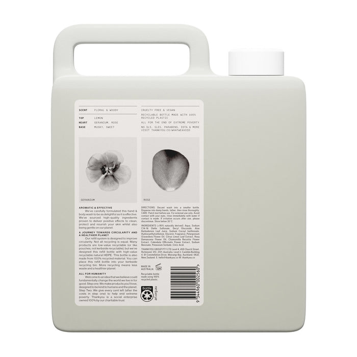 Thankyou Hand & Body Wash 3L Refill Geranium, Rose & Wood – Case of 2