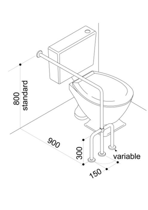 ASI JDMACDONALD GRAB RAIL – TOILET WALL TO FLOOR WITH OUTRIGGER 800 X 900 X 300 MM