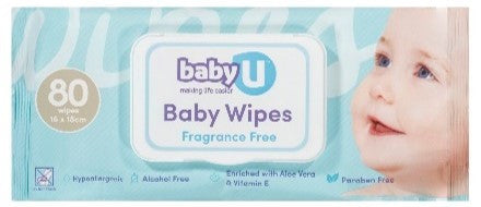 Baby U Baby Wipes Fragrance Free 80pk (carton of 12)