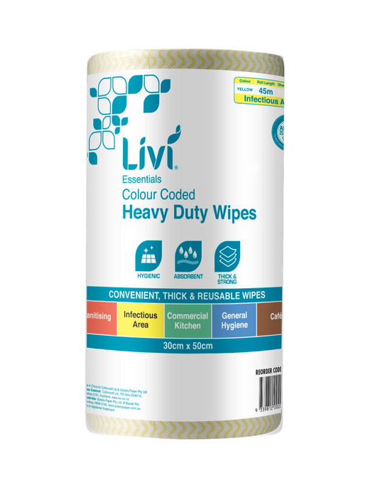 LIVI ESSENTIALS 1PLY COMMERCIAL ANTIBATERIAL YELLOW WIPES (CTN 4)