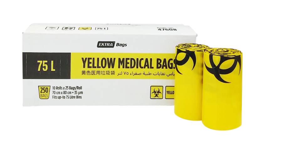 75L Yellow Clinical Waste Bags Roll, 25 Bags