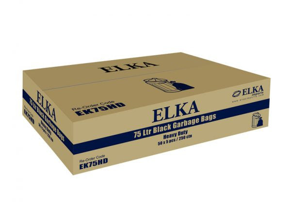 ELKA 75L BLACK GARBAGE BAGS TOUGH CARTON OF 250