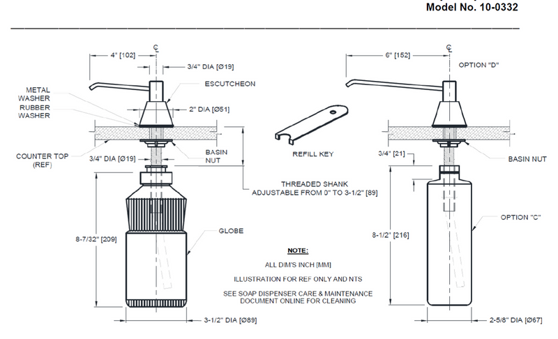 ASI JD Macdonald SOAP DISPENSER, LIQUID 152MM SPOUT 1L – BENCH MOUNTED