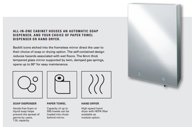 ASI JD Macdonald BEHIND THE MIRROR SYSTEM – STAINLESS STEEL CABINET WITH FRAMELESS MIRROR, LIQUID SOAP DISPENSER AND HIGH-SPEED HAND DRYER, VELARE™ COLLECTION (10-0661-2)