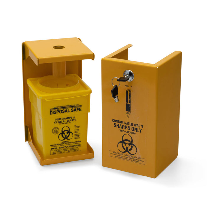 STEEL SYRINGE SAFES: "YELLOW ARMOUR" LOCKABLE: 2 litre Steel Safe for RE2LS waste bin(YA2L)